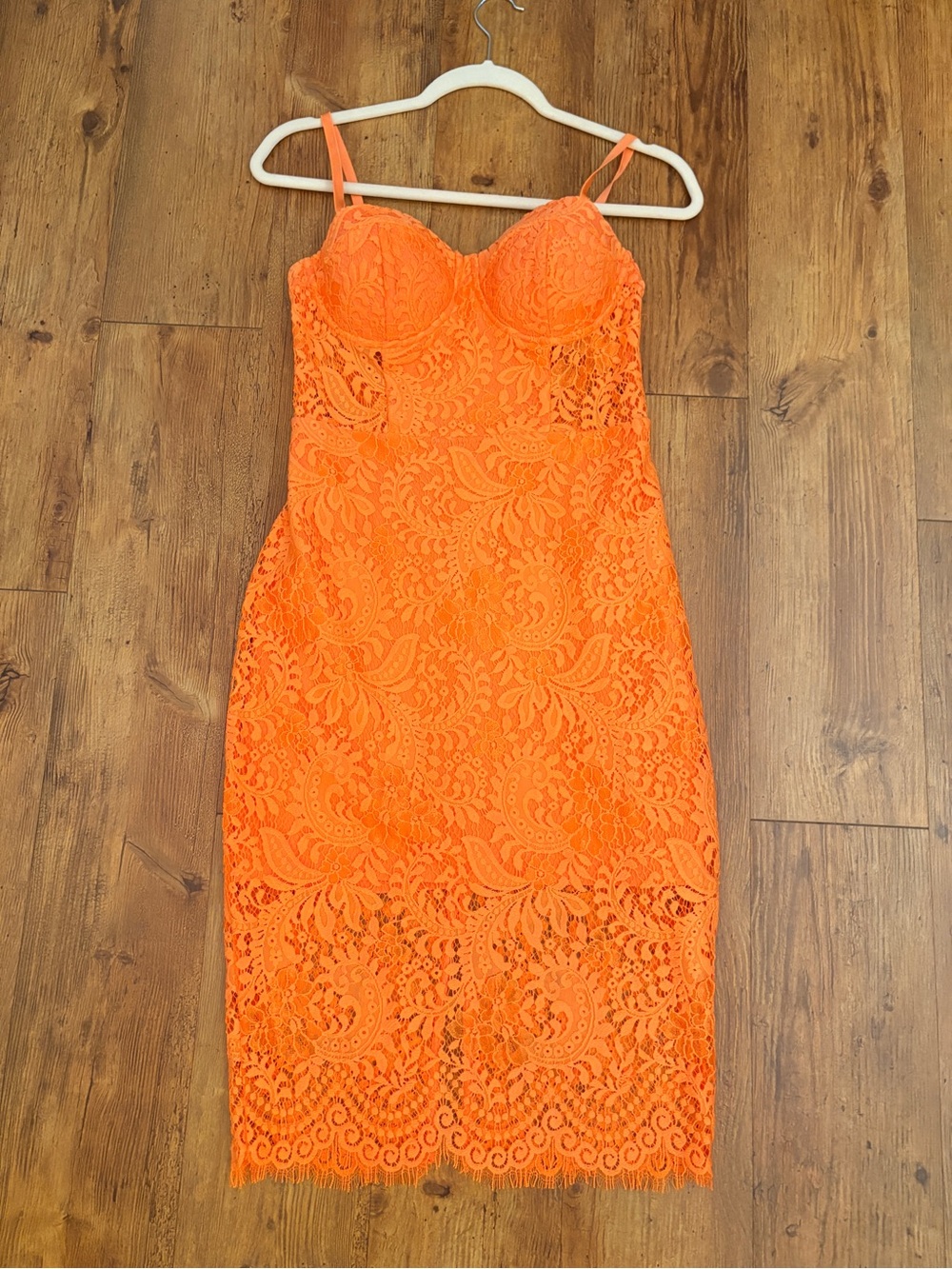 bebe Orange Lace Midi Bodycon Dress